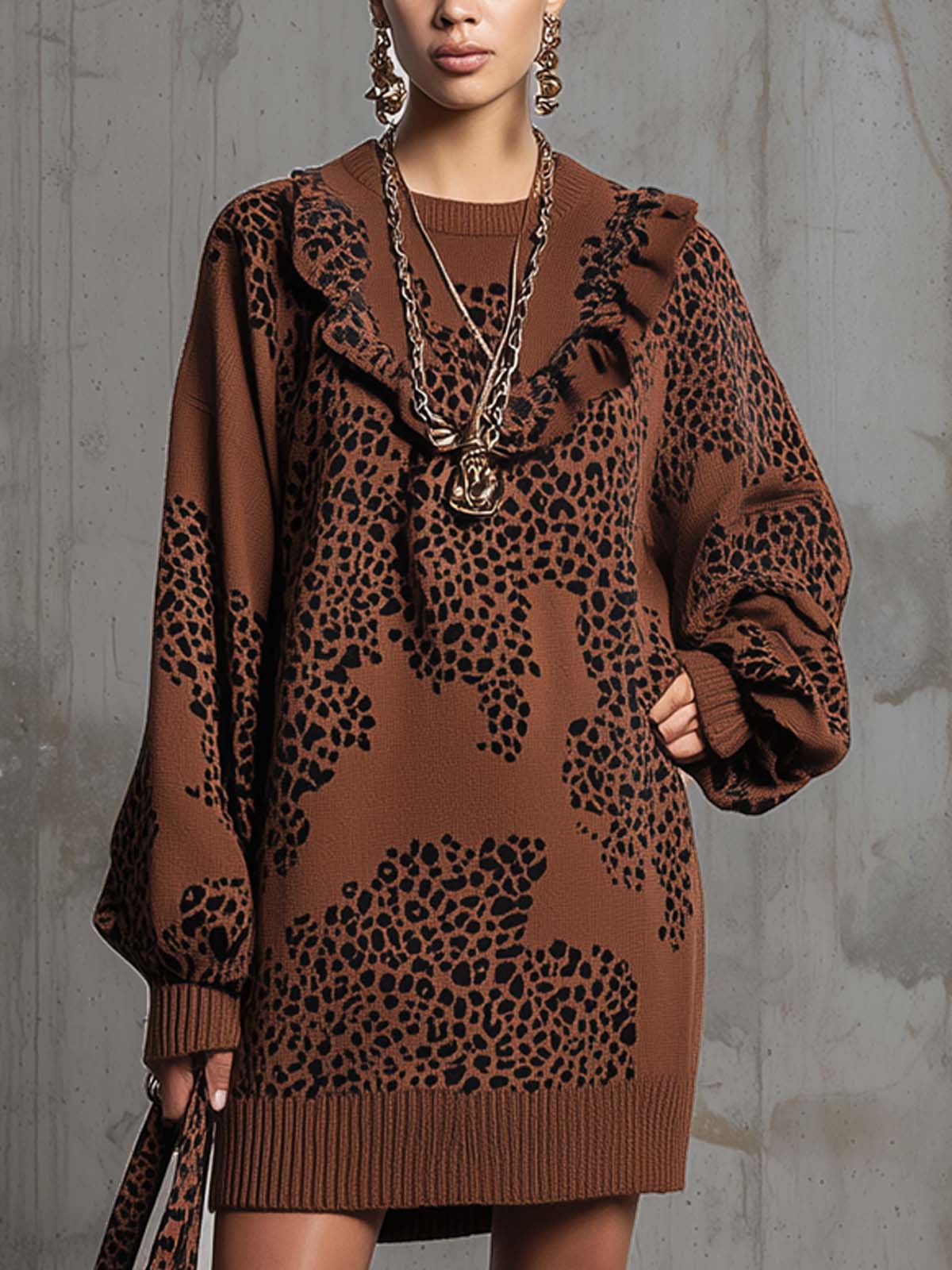Brown Knitted Leopard Print Long sleeved Dress With Ruffles