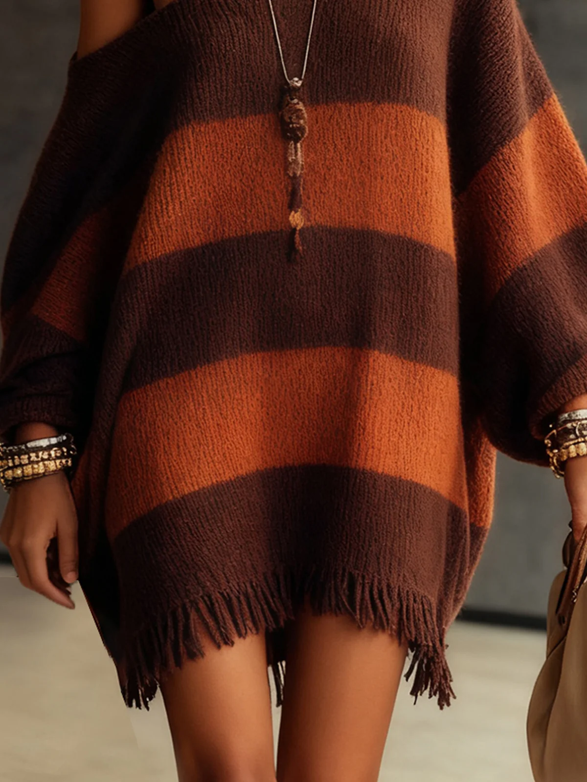 Oversized Striped Knit Sweater Dress With Fringe Hem