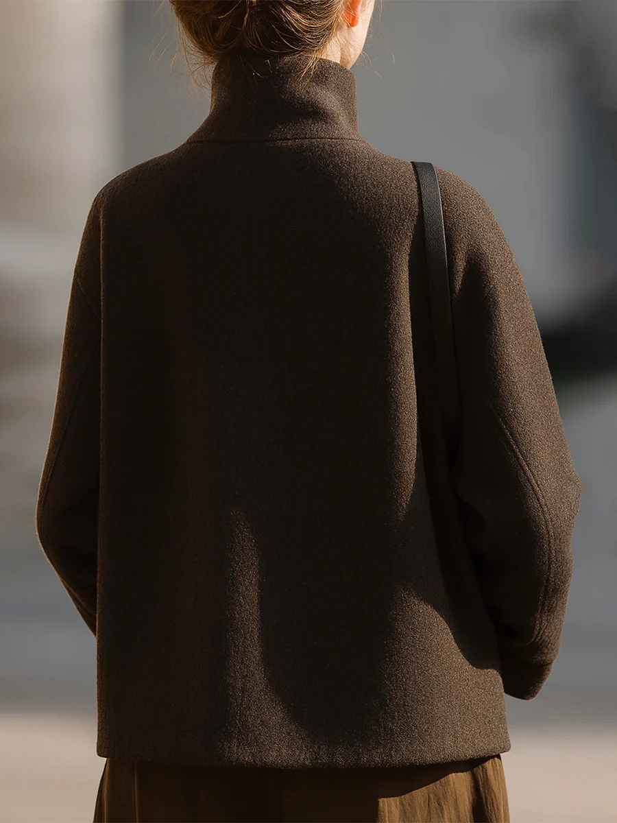 Minimalist Brown Wool Stand-Collar Jacket