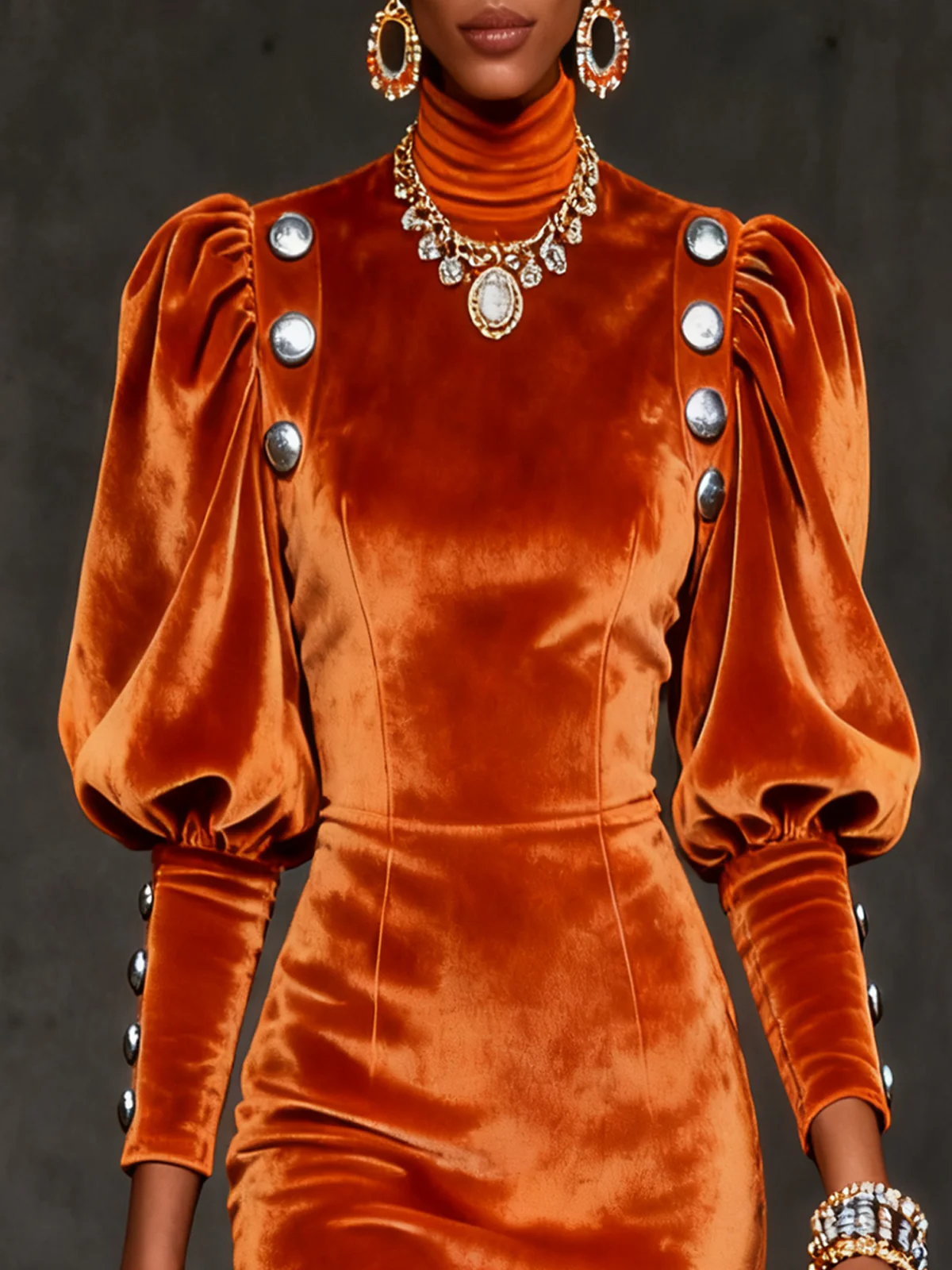 Orange Velvet Puff Sleeve Buttoned Mini Dress