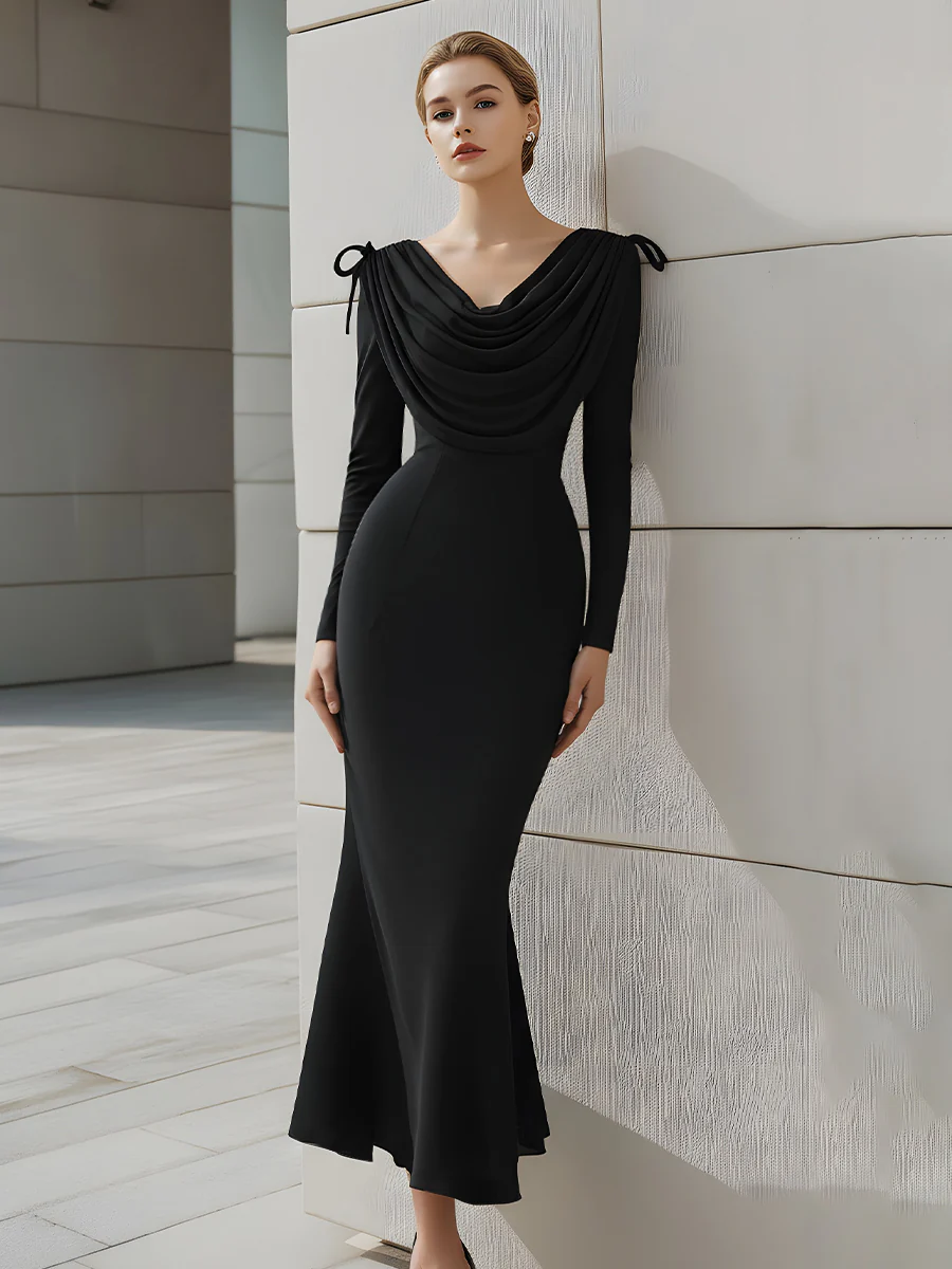 Draped Shoulder Bow Detail Black Mermaid Dress