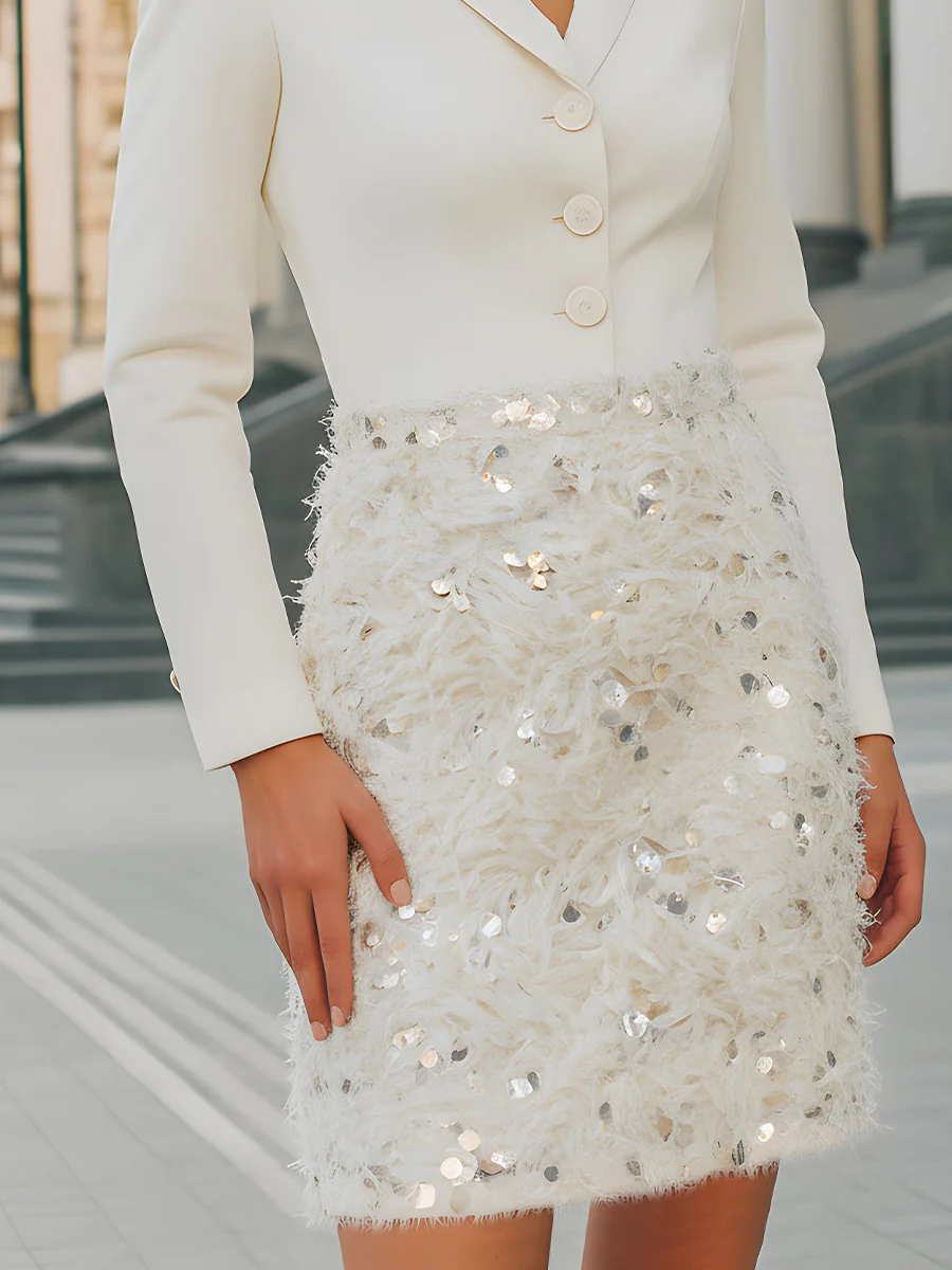 Feather And Sequin-Embellished Dress With Blazer Bodice