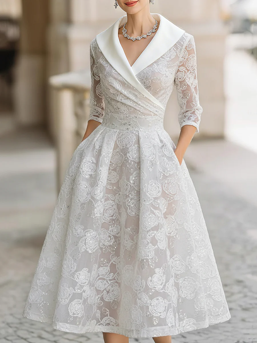 Elegant Lace Midi Dress With White Shawl Collar