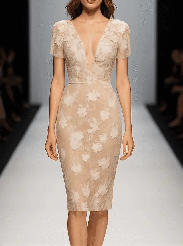 24-Hour-Shipping Light Beige Lace V-neck Short Sleeve Bodycon Dress