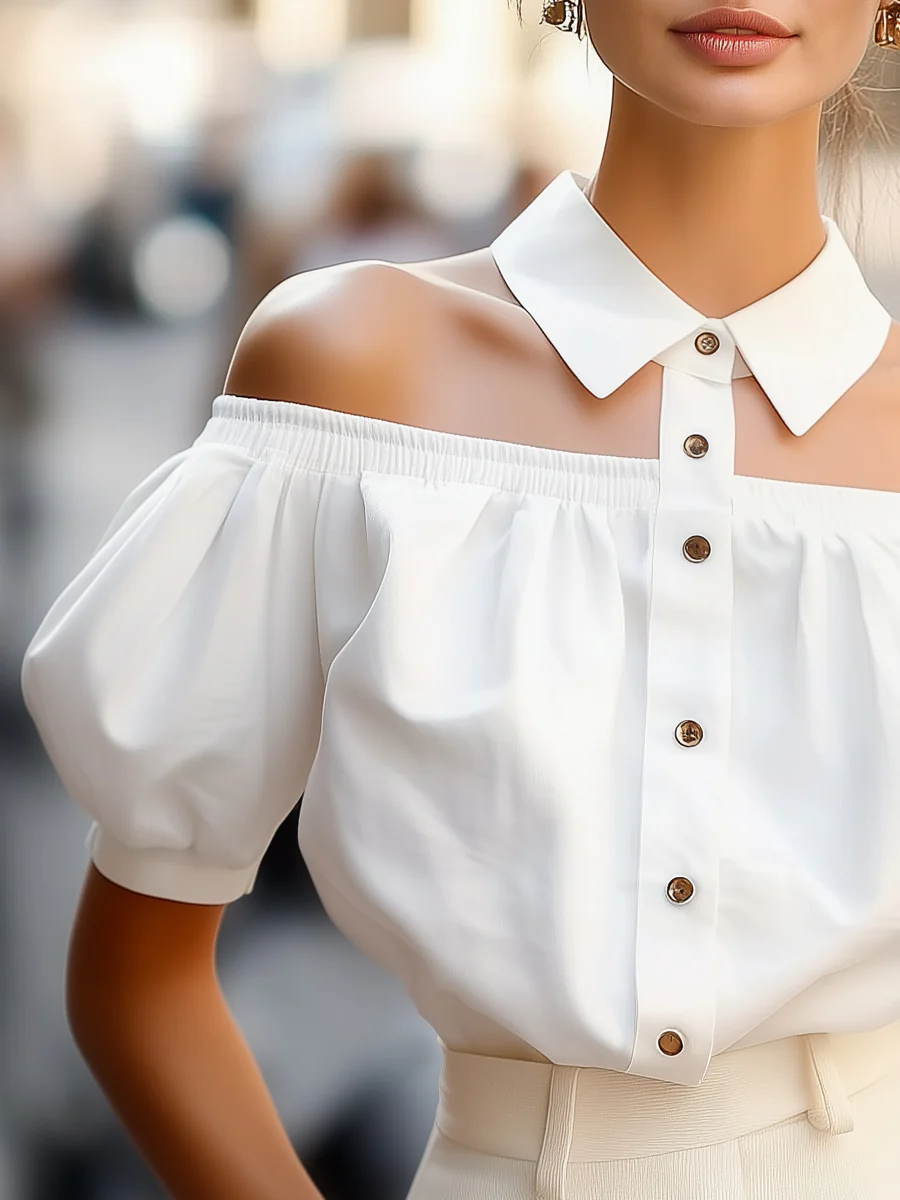 Chic Off-Shoulder Button-Up Blouse with Statement Collar