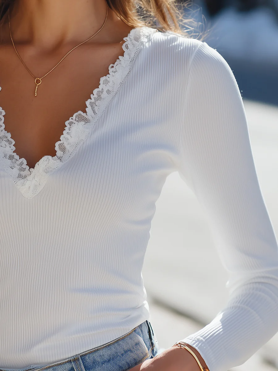 Elegant White Ribbed Lace-Trim V-Neck Long-Sleeve Top