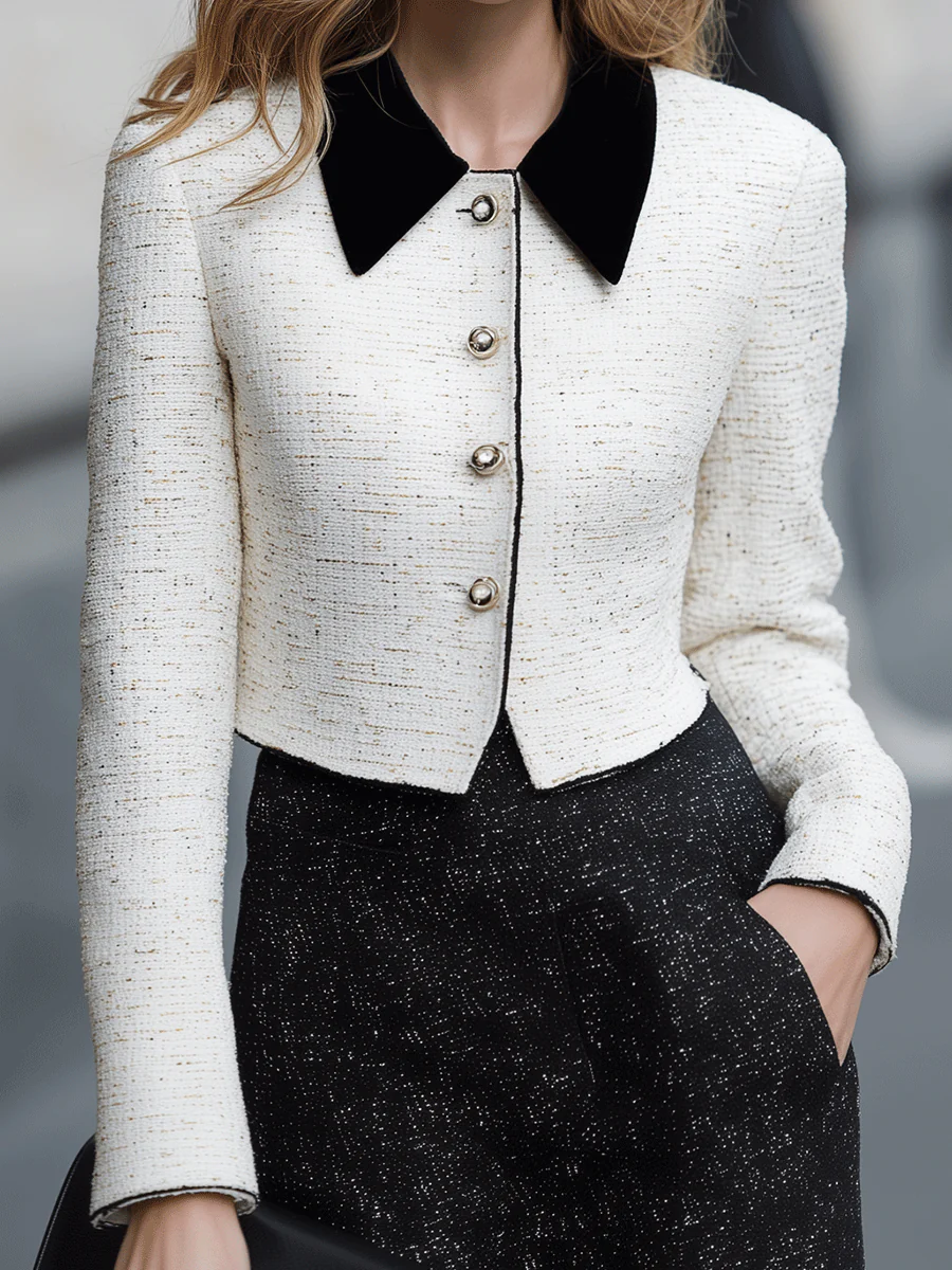 Ivory Tweed Cropped Jacket With Velvet Collar