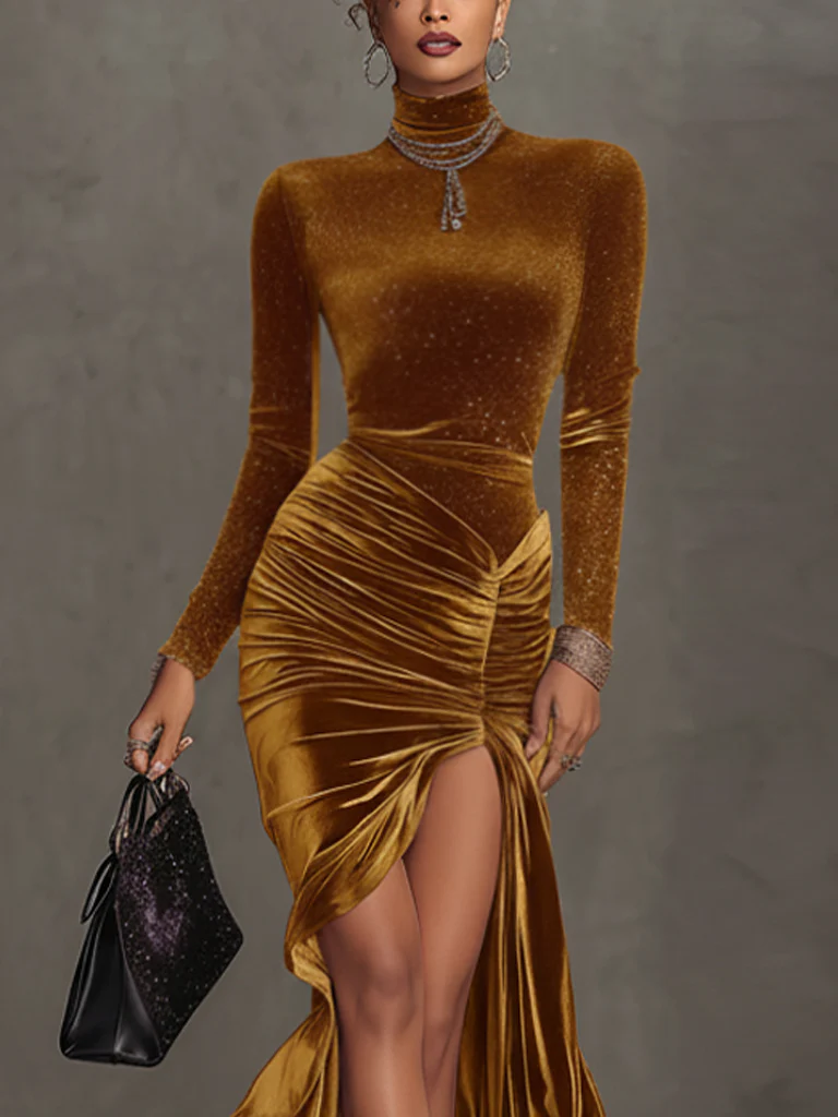 Gold Velvet Fitted Mermaid Long Sleeve Maxi Dress