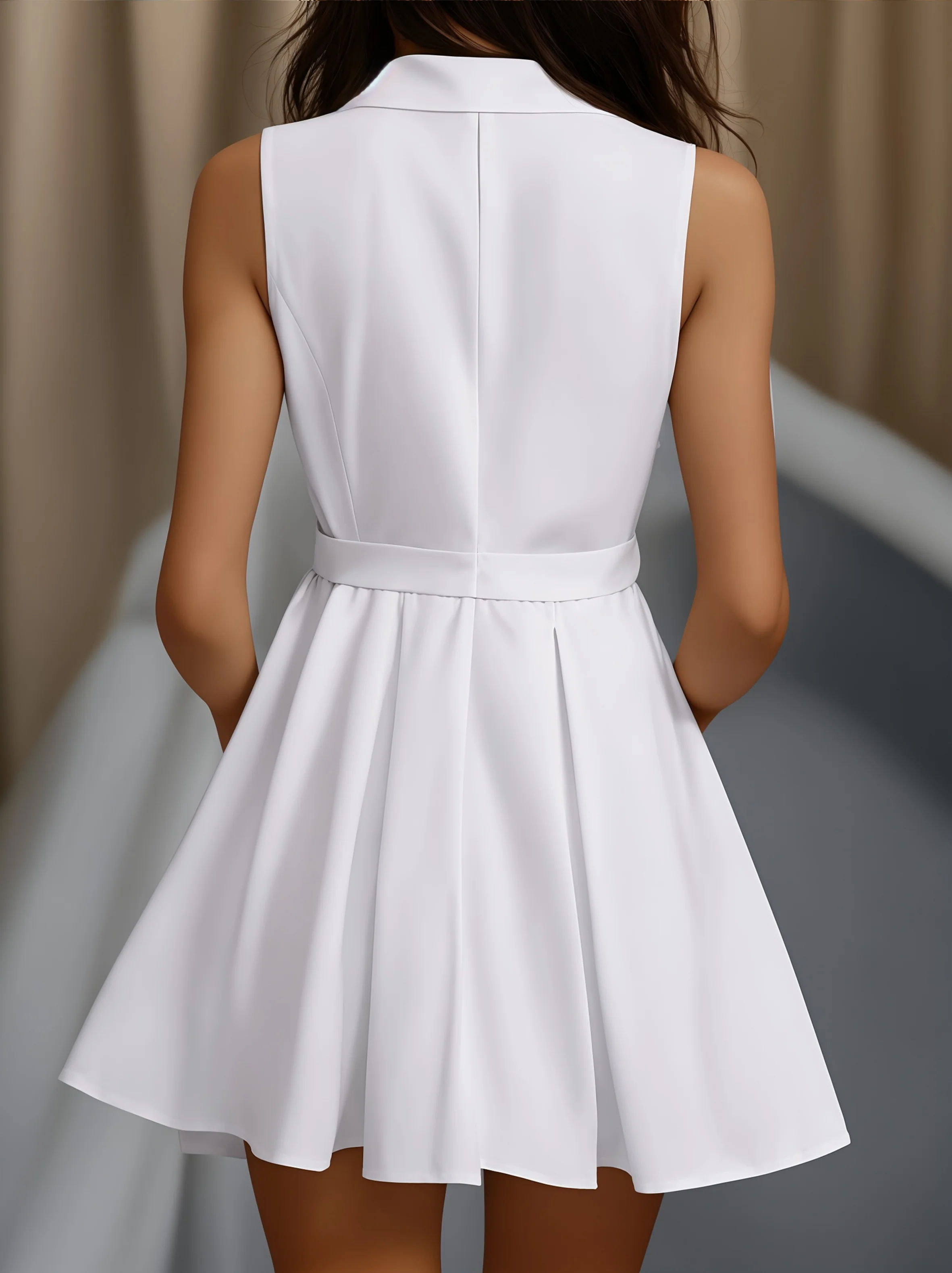 White Pleated Mini Shirt Dress