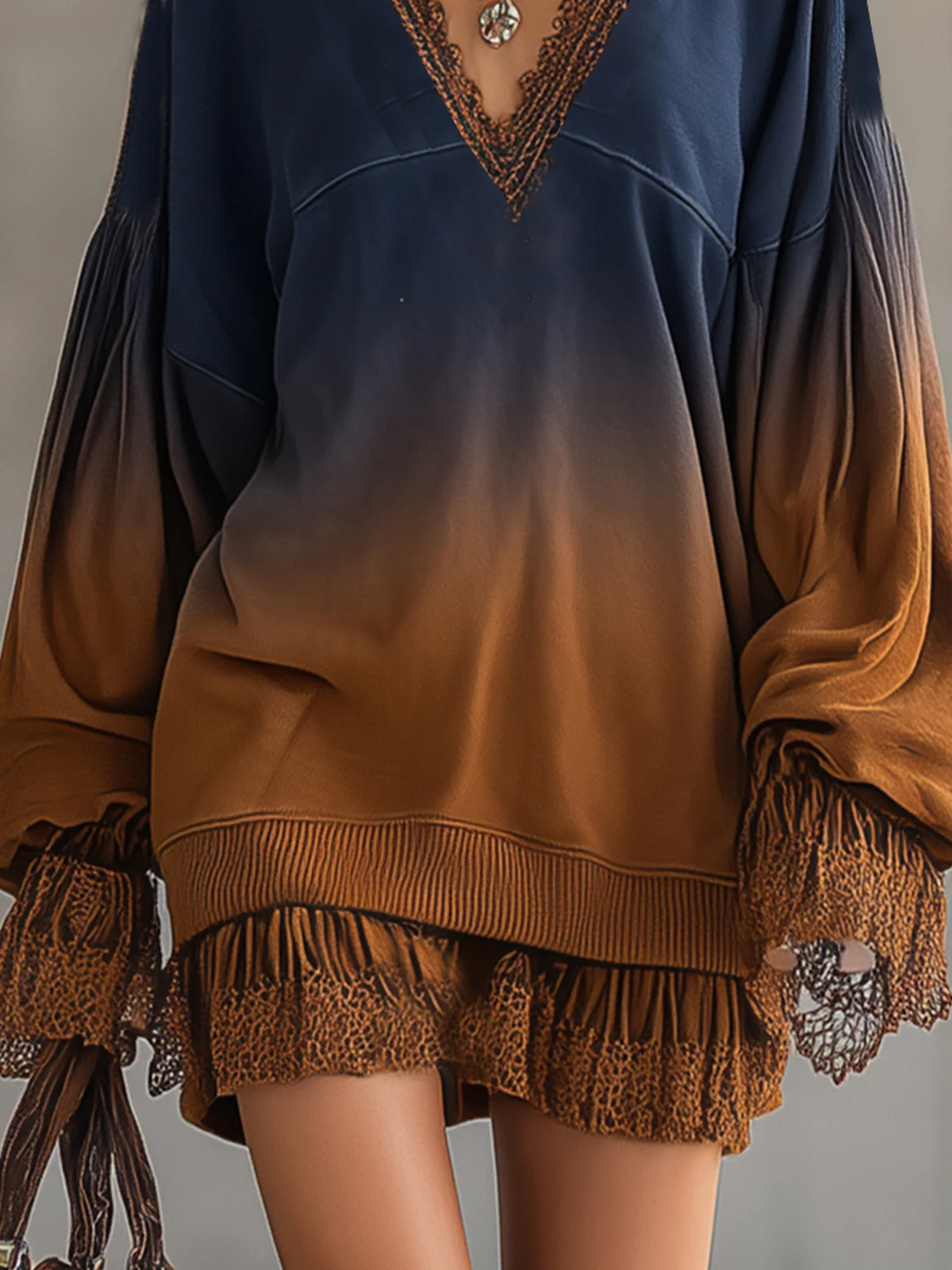 Navy And Caramel Ombre Lace Trim V-Neck Sweater Dress