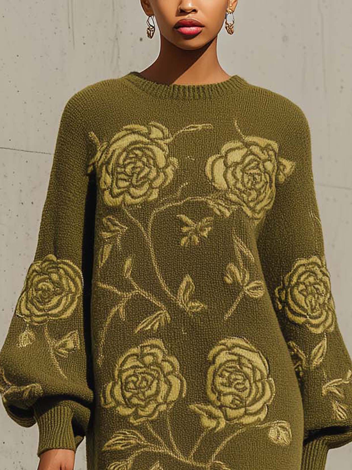 Olive Green Knitted Mini Dress With Rose Embroidery