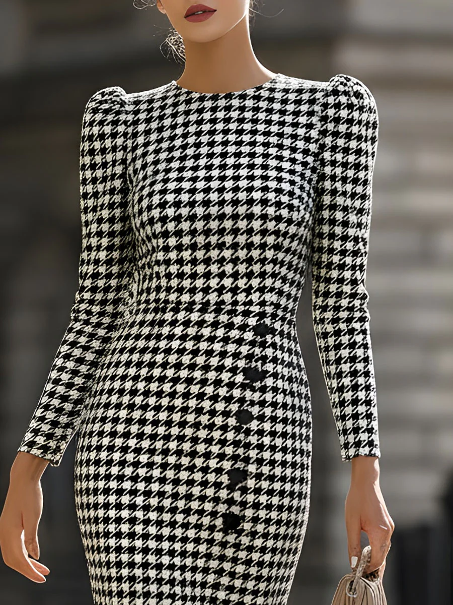 Mooyius Retro-Chic Houndstooth Midi Dress With Puff Shoulders