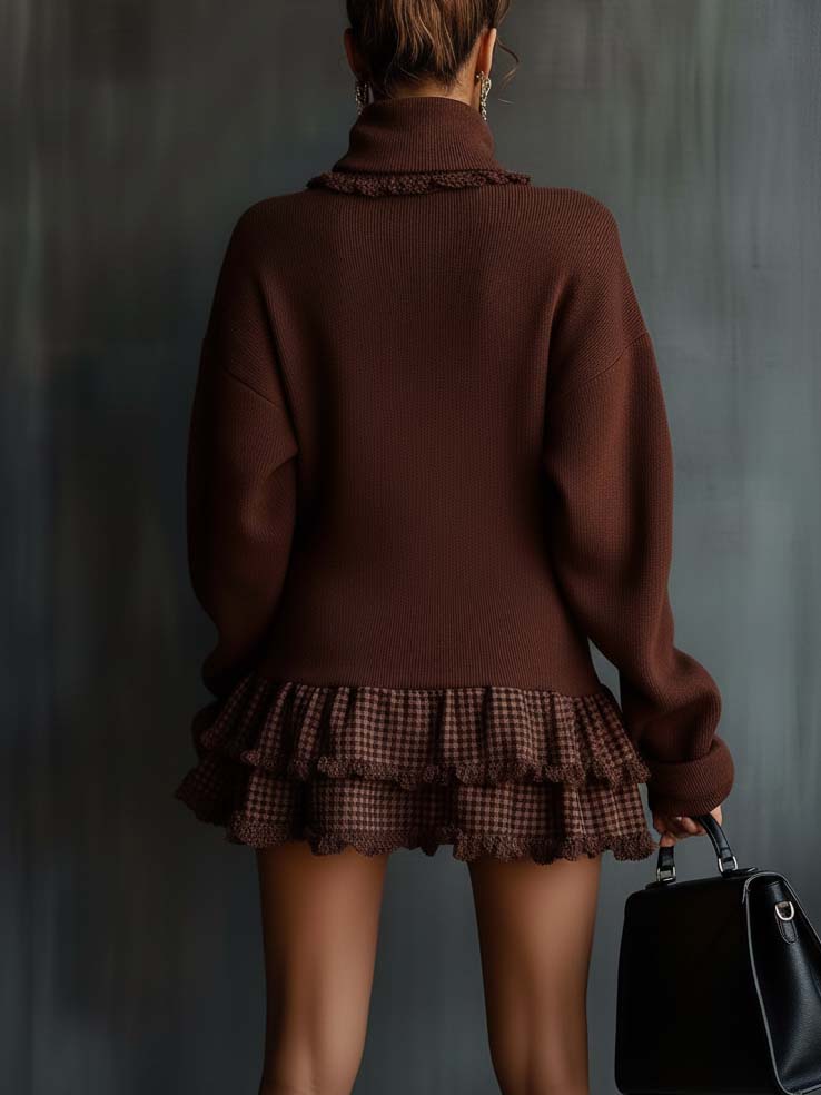 Chocolate Turtleneck Knitted Mini Dress With Plaid Ruffles