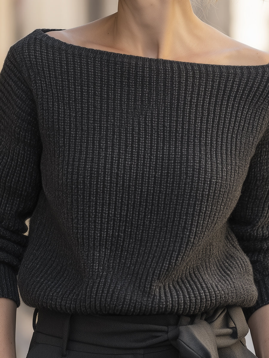 Charcoal Ribbed Knit Off-Shoulder Sweater