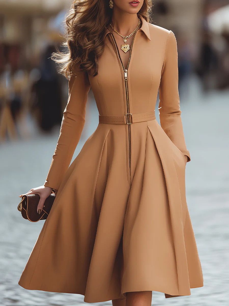 Elegant Zip-Up Fit And Flare Midi Dress