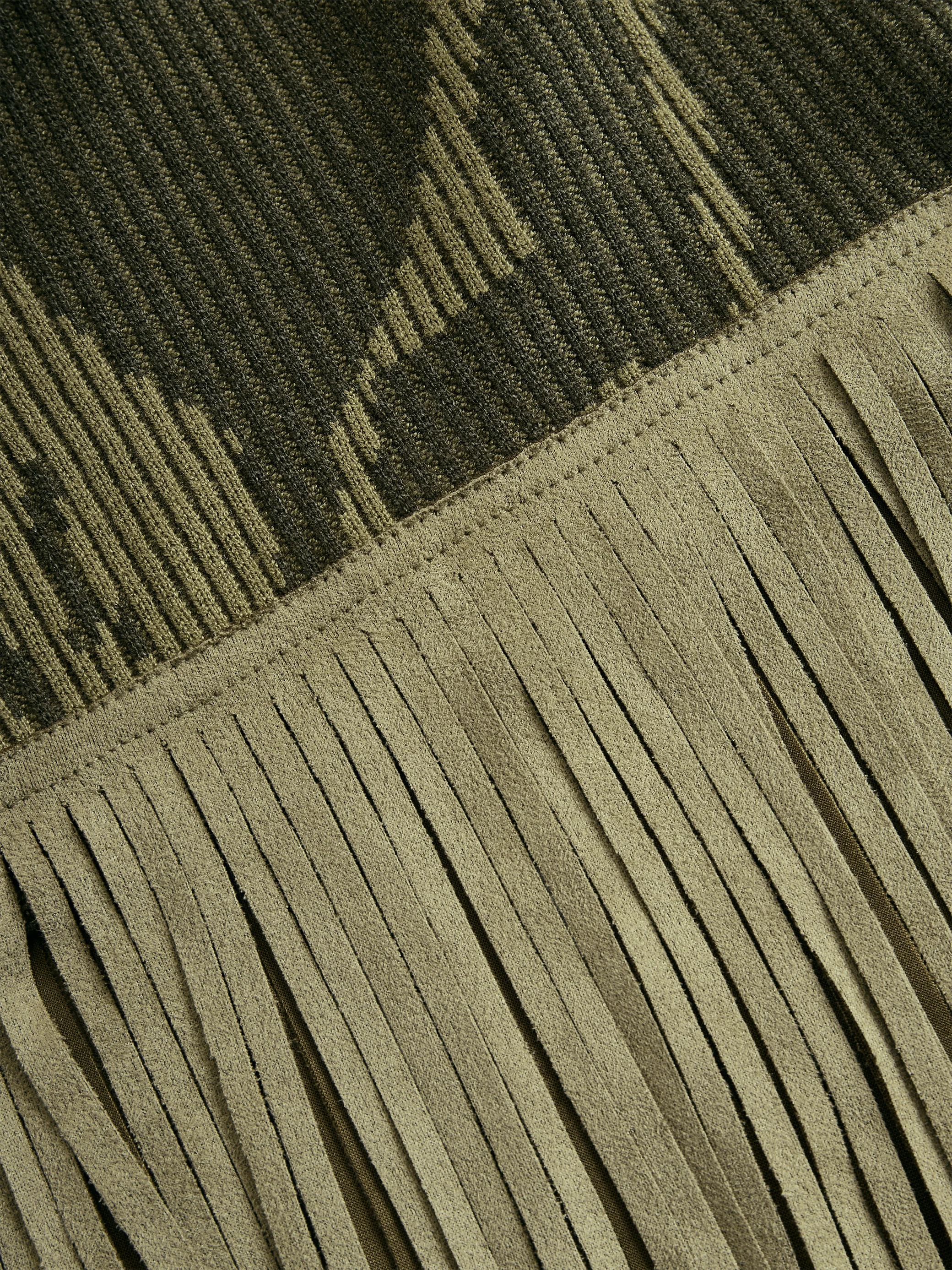 Olive Camo Knit V-Neck Fringe Hem Bodycon Dress