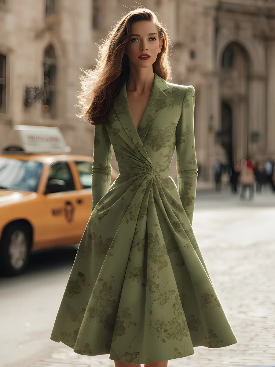 Olive Green Pleated Blazer Dress With Botanical Print