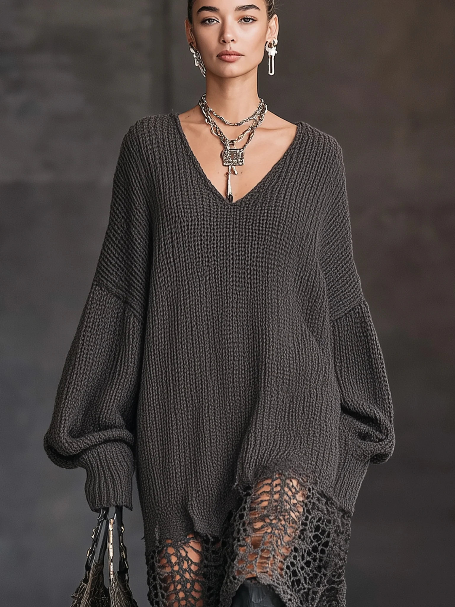 Charcoal Gray V-Neck Knit Mesh Long Sleeve Midi Dress