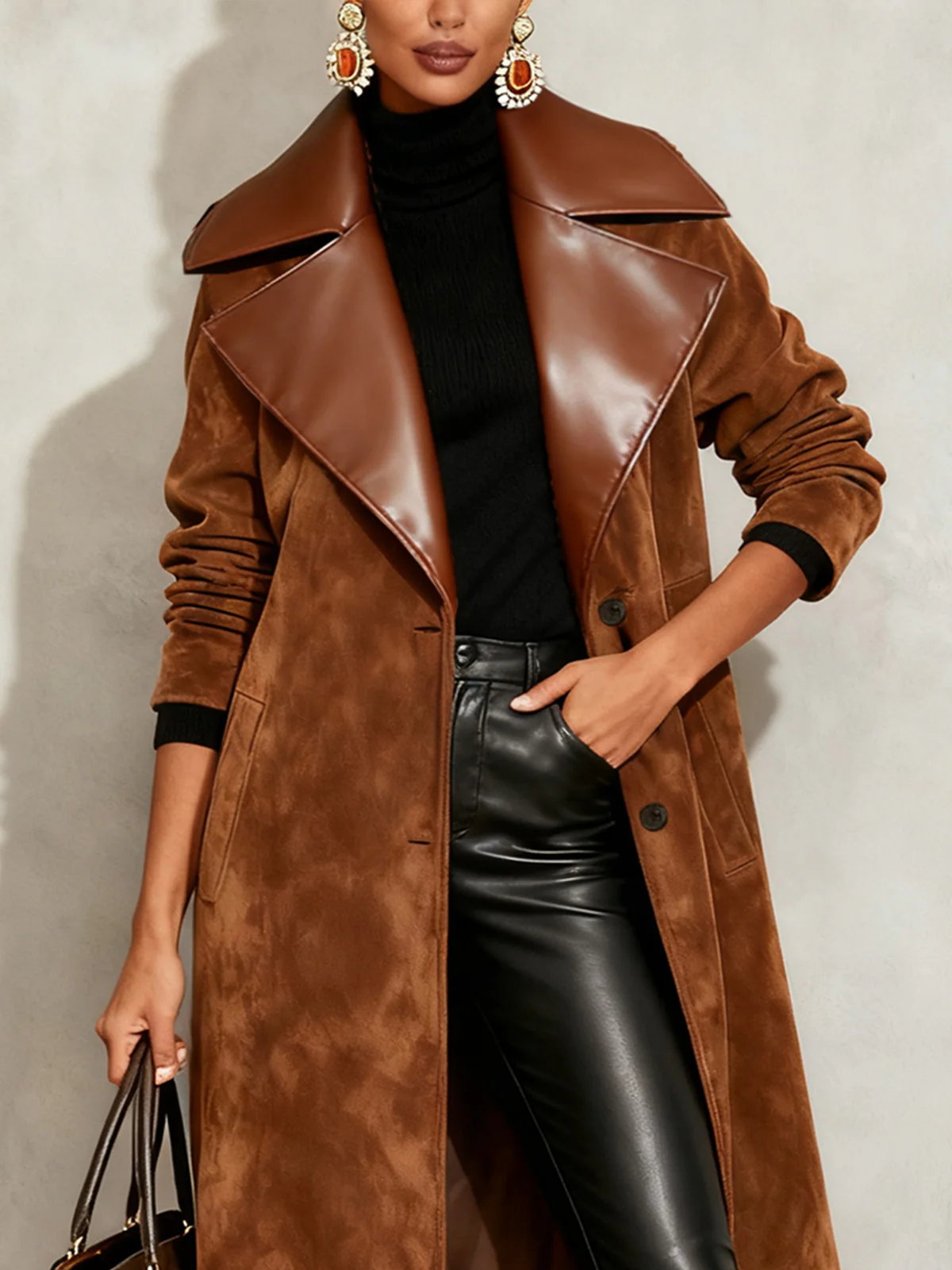 Brown Faux Suede Trench Coat With Leather Lapel