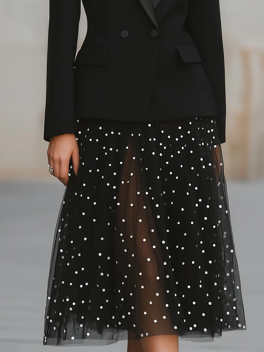 Tuxedo Blazer And Polka Dot Mesh Skirt Set