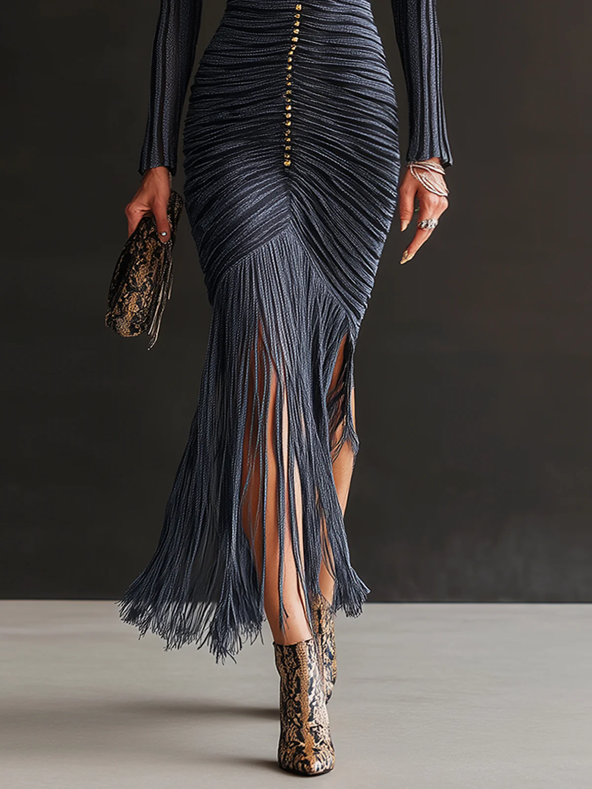 Midnight Ruched Fringe Knit V-Neck Bodycon Dress