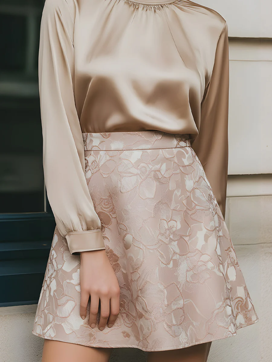 Satin Blouse And Jacquard A-Line Skirt Set