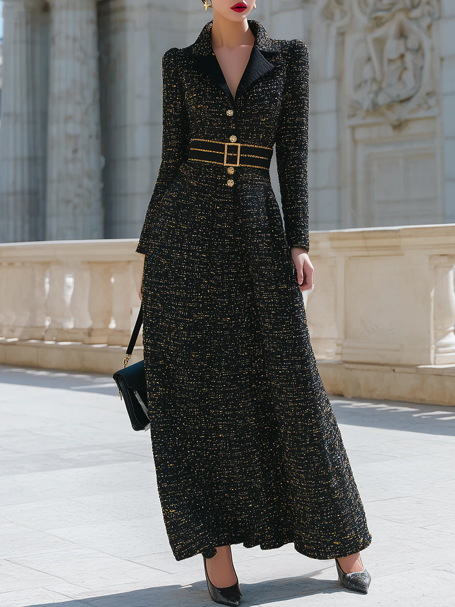 Black Gold Tweed Double-Belt Maxi Dress