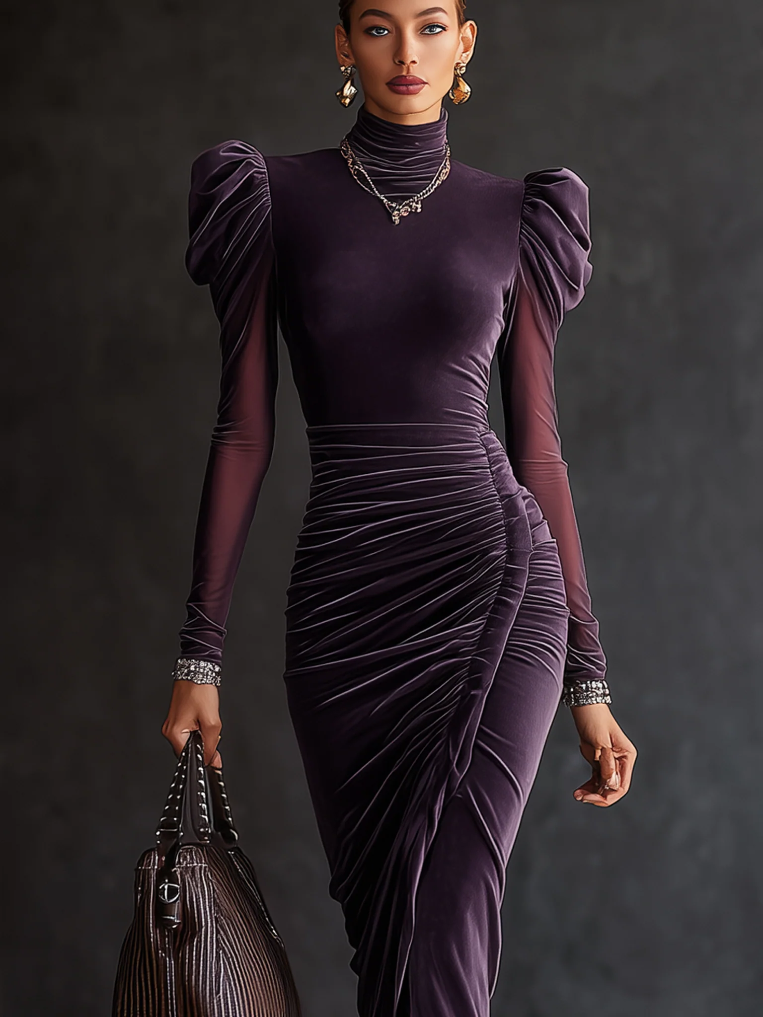 Plum Velvet Mesh Sleeve Draped Bodycon Dress