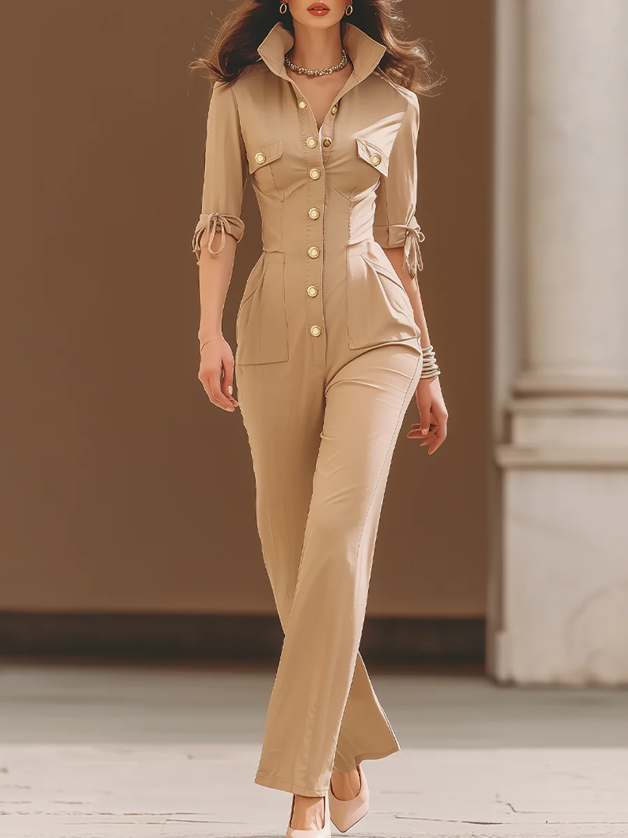 Chic Beige Utility-Inspired Tailored Jumpsuit