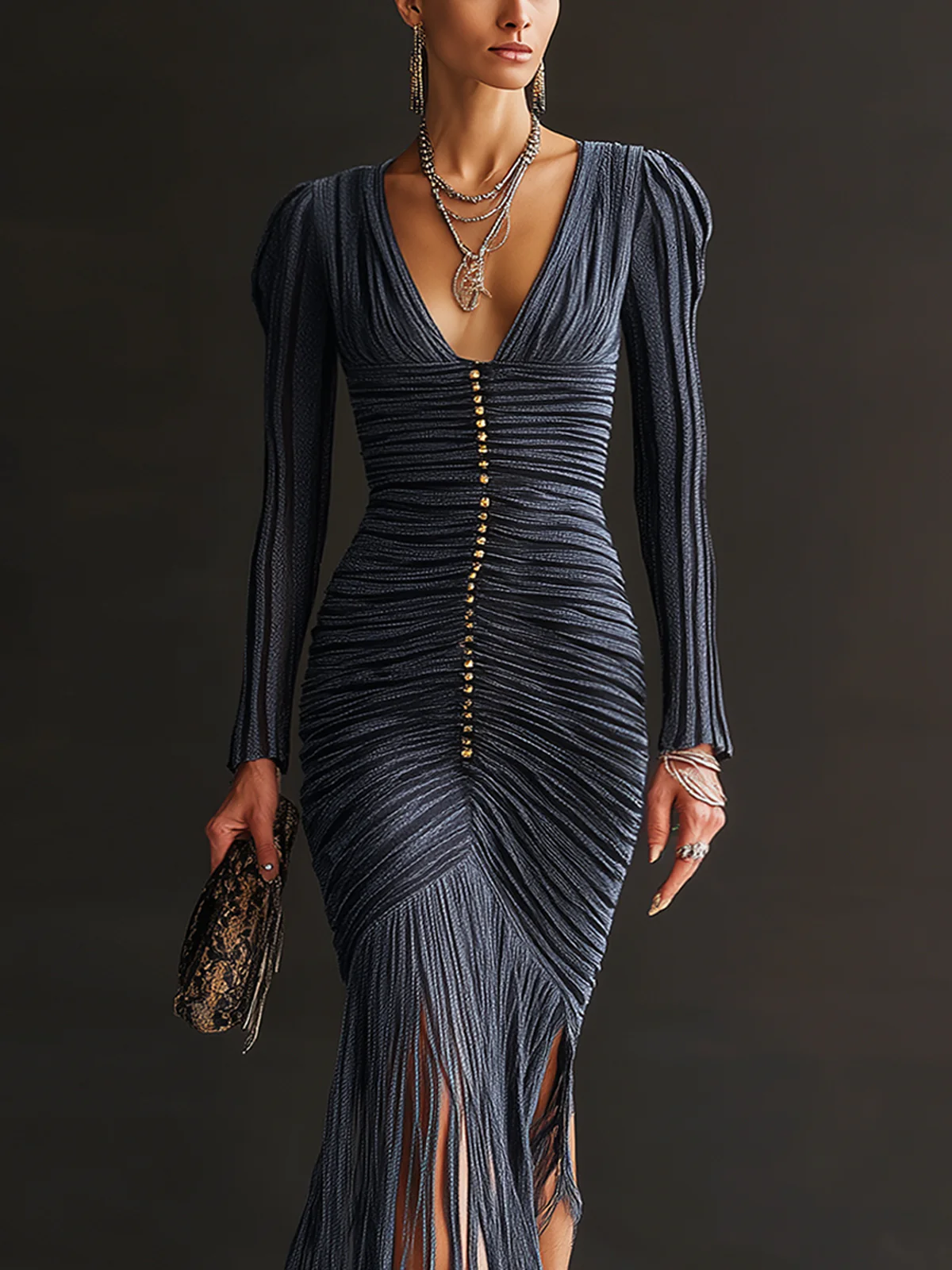 Midnight Ruched Fringe Knit V-Neck Bodycon Dress