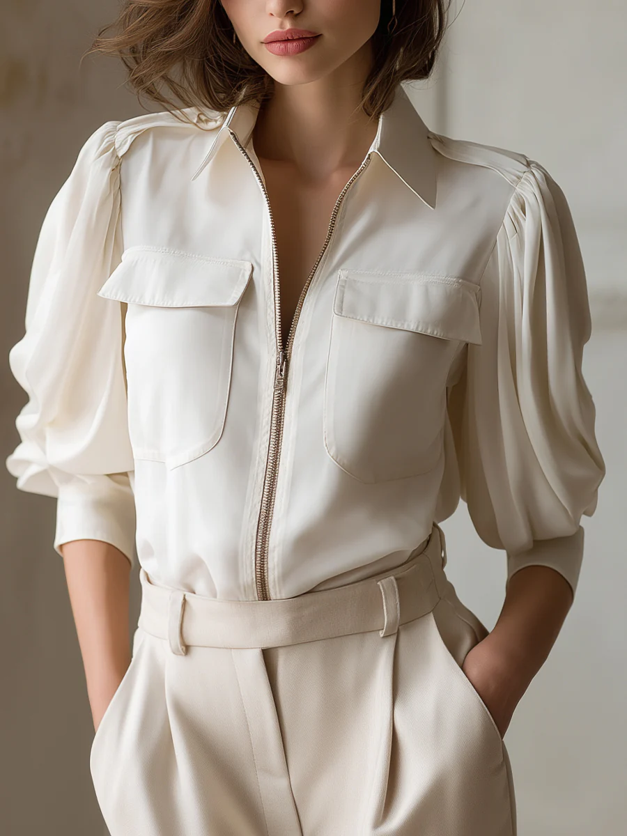 Elegant Zip-Front White Blouse