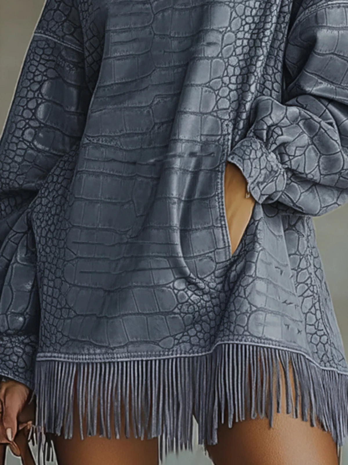 Blue Faux Crocodile-Textured Fringed High Collar Mini Dress