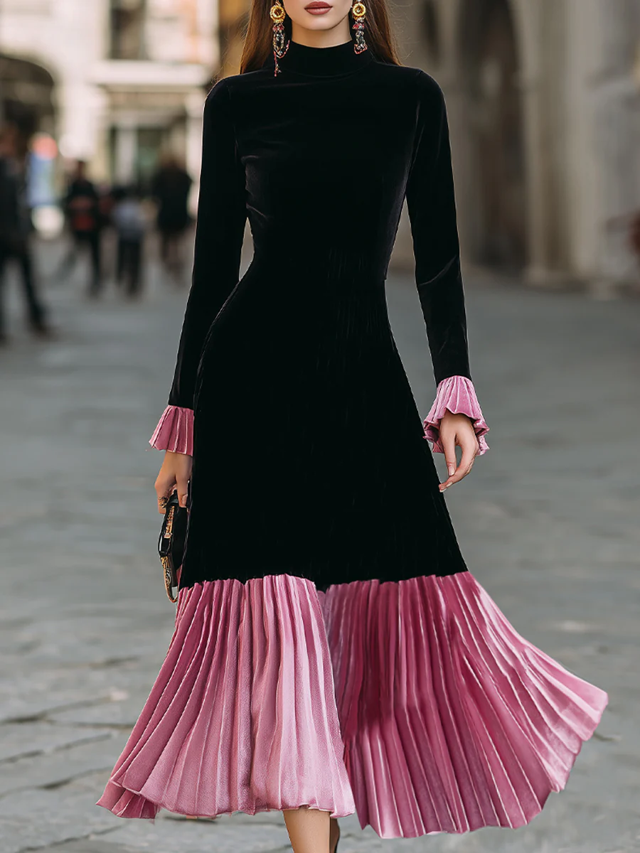 Elegant Black And Pink Velvet Pleated Midi Dress