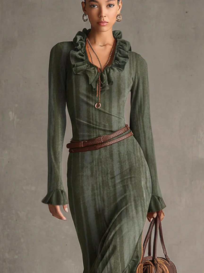Vintage Green Suede Look Belted Long Sleeve Maxi Dress