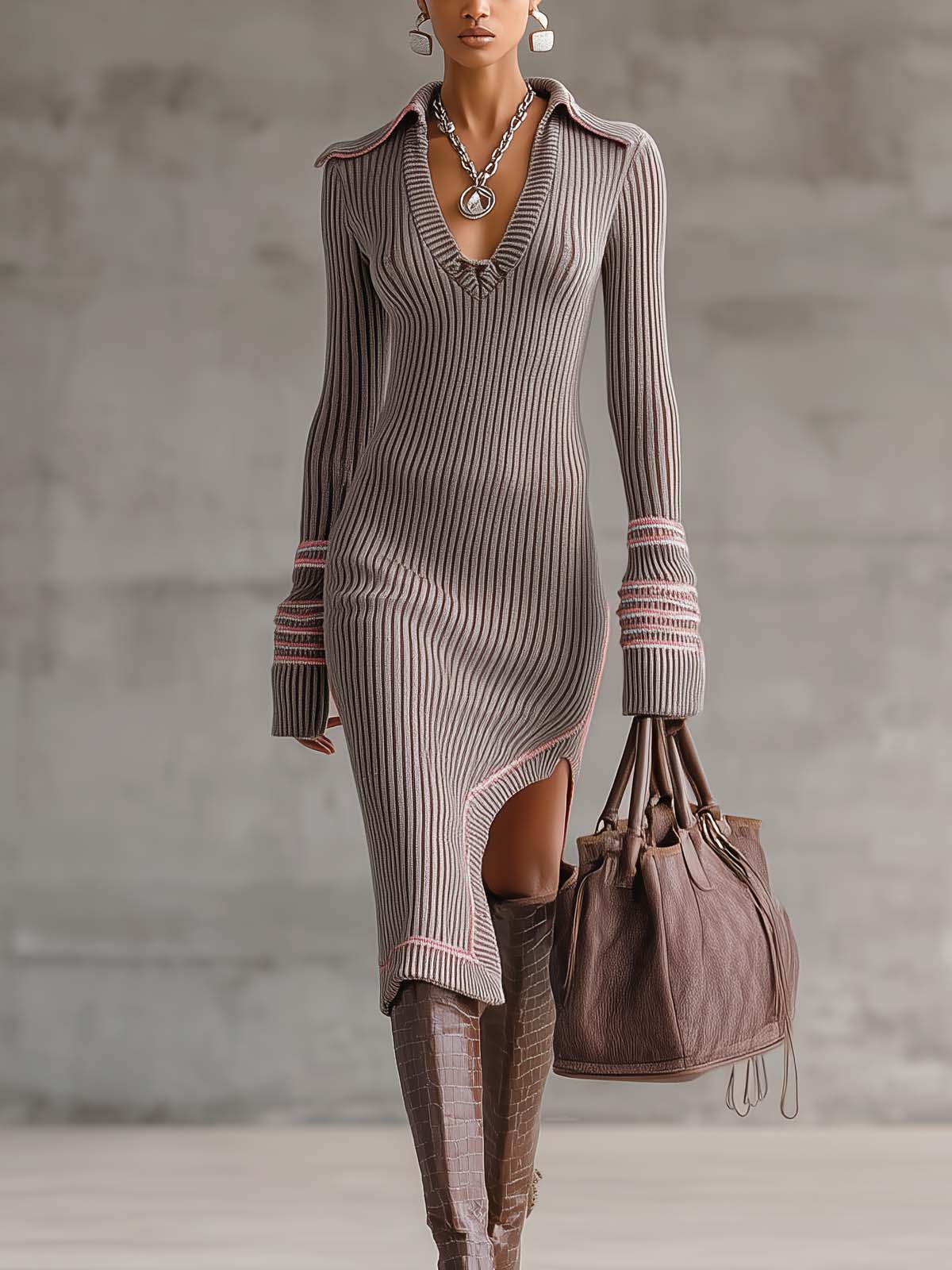 Grey Ribbed Knit Collared Slim Fit Midi Dress