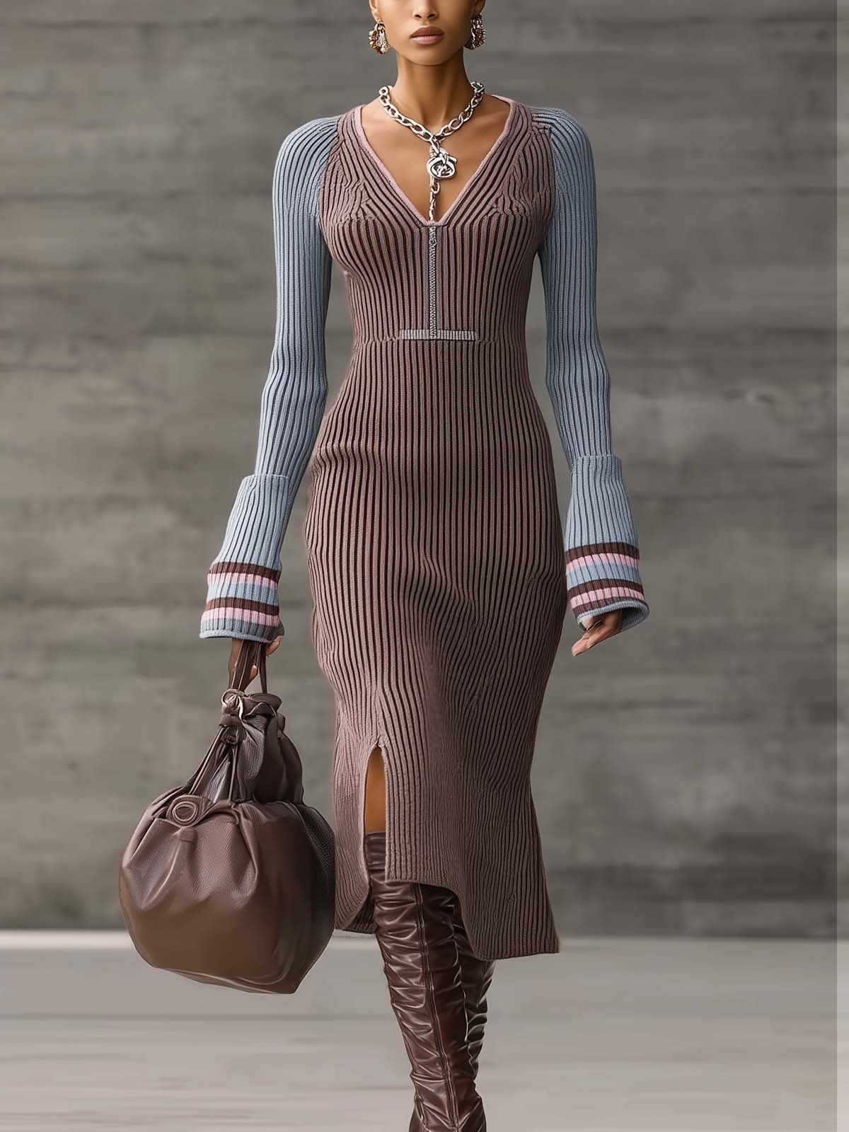 Two Tone Ribbed Knit V Neck Slit Midi Dress