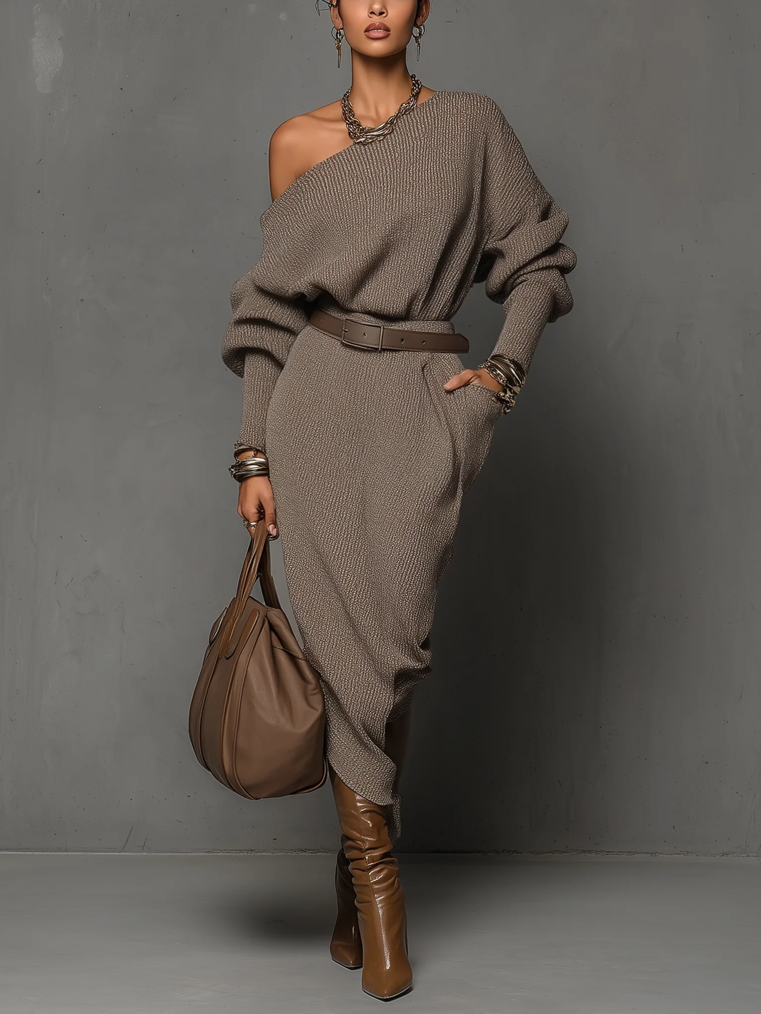 Taupe Knit Belted Off The Shoulder Long Sleeve Midi Dress