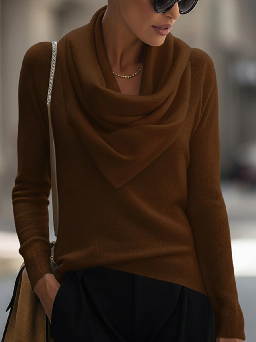 Draped Cowl Neck Long-Sleeve Top