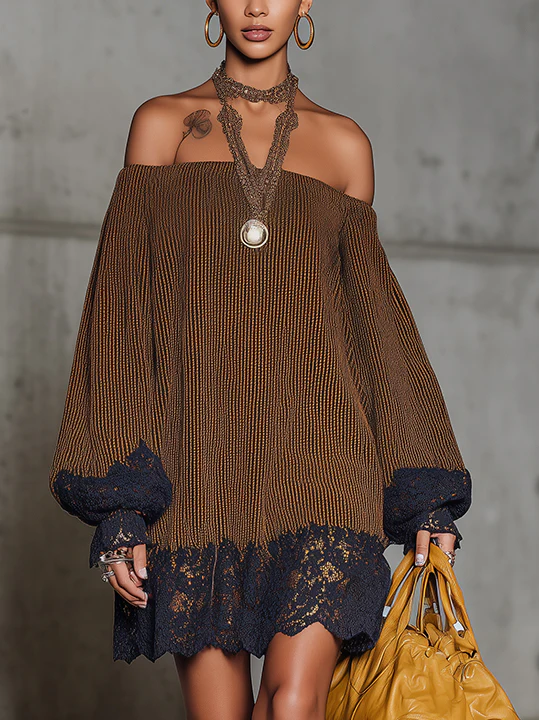 Brown Off-Shoulder Mini Dress With Navy Lace Trim And Balloon Sleeves