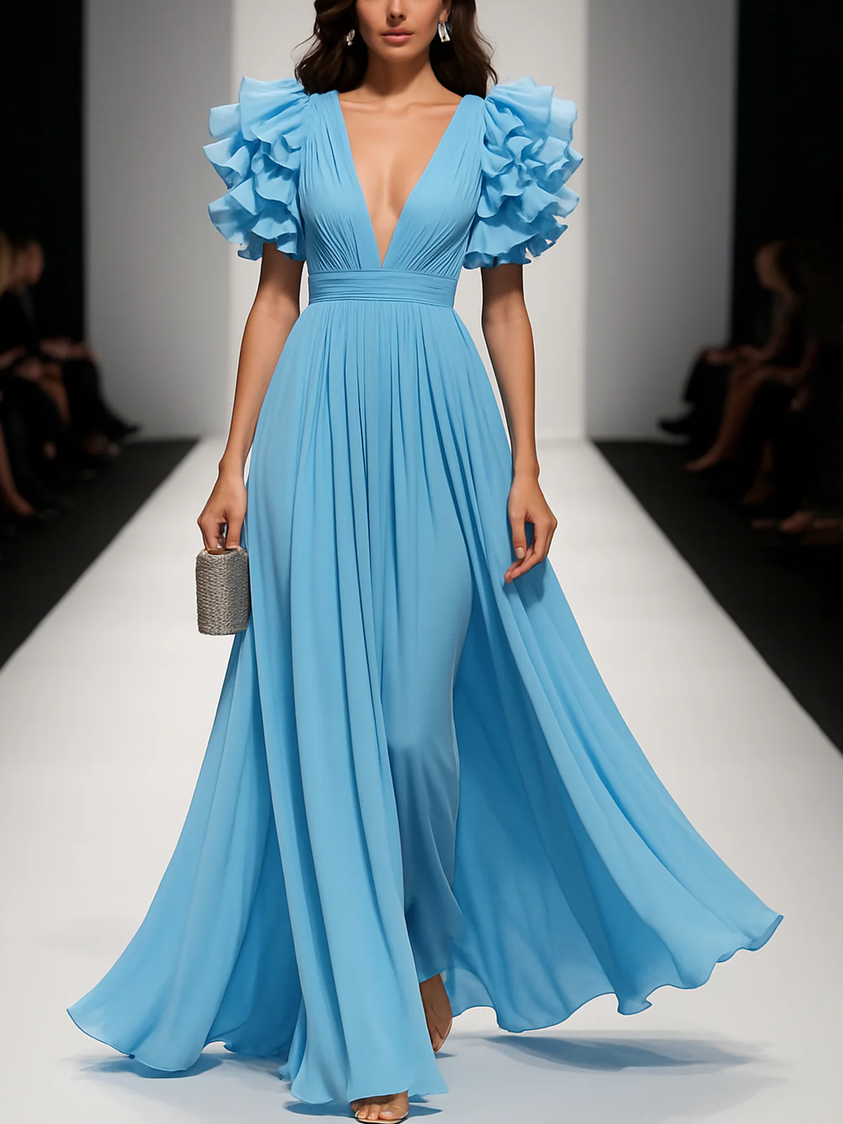 24-Hour-Shipping Ruffled Short-Sleeve V-Neck Chiffon Maxi Dress