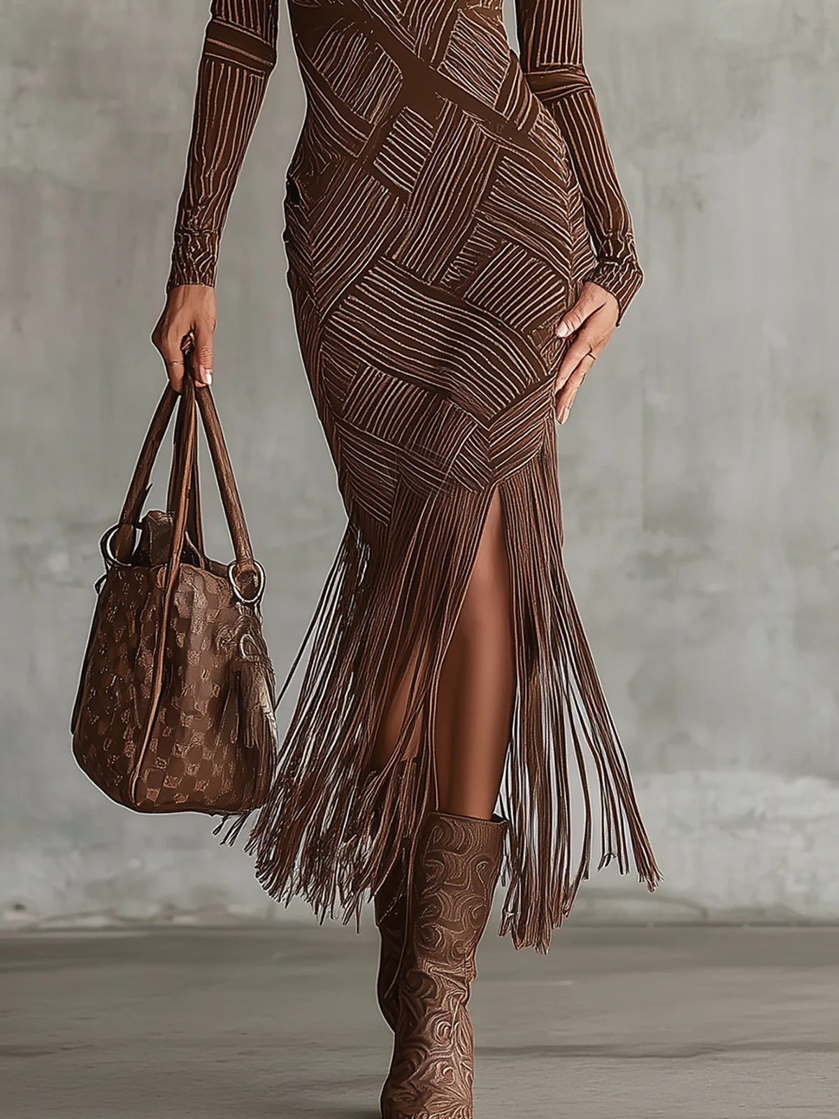 Brown Geometric Midi Dress With Fringe Hem