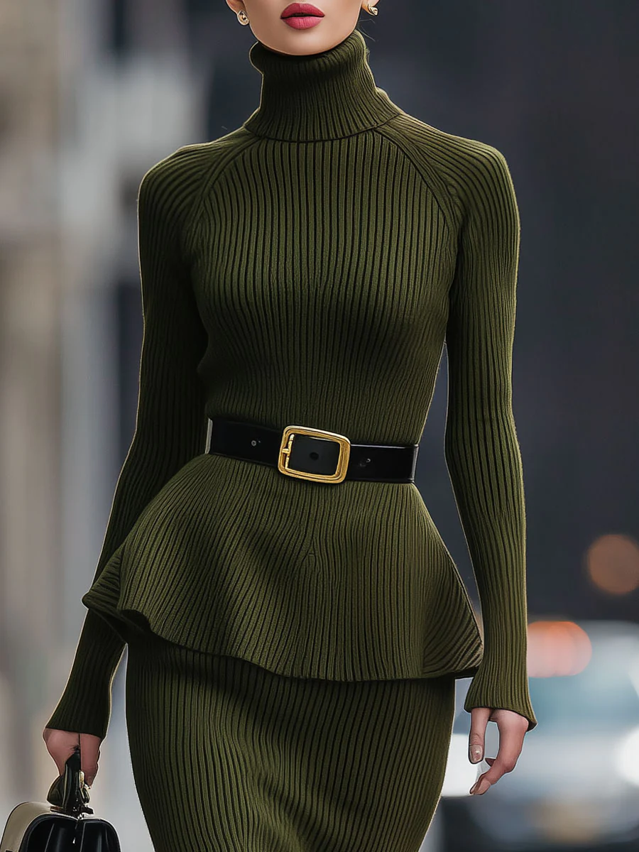 Olive Green Rib-Knit Peplum Suit Set For Sophisticated Tailoring