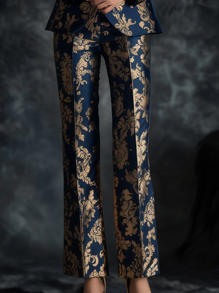 Opulent Royal Blue Satin Suit with Golden Ornate Motifs Printed