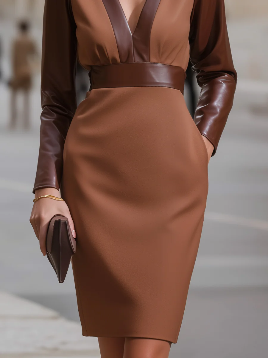 Leather-Panel V-Neck Midi Dress