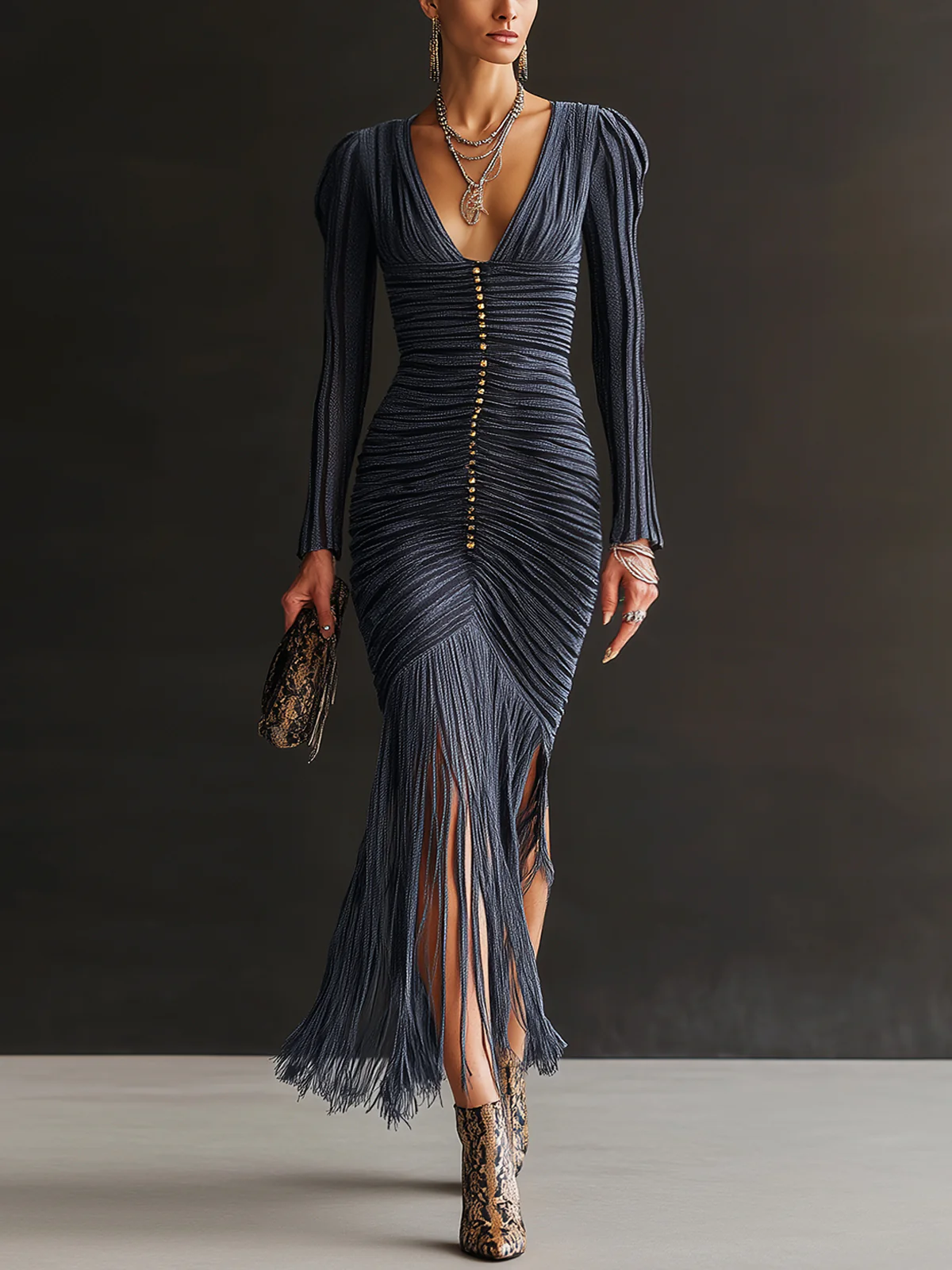 Midnight Ruched Fringe Knit V-Neck Bodycon Dress
