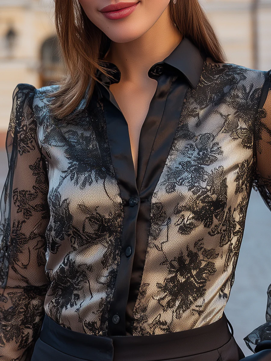 Lace Blouse With Satin Lining And Sheer Sleeves
