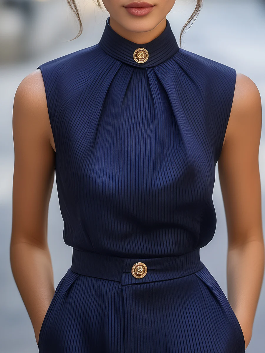 Pinstripe Sleeveless Blouse with Shorts Suit Set