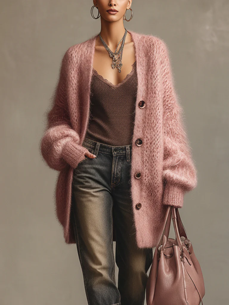 Blush Mohair Knit Long Sleeve Cardigan