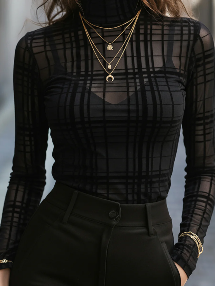 Sheer Checkered-Printed Turtleneck Top
