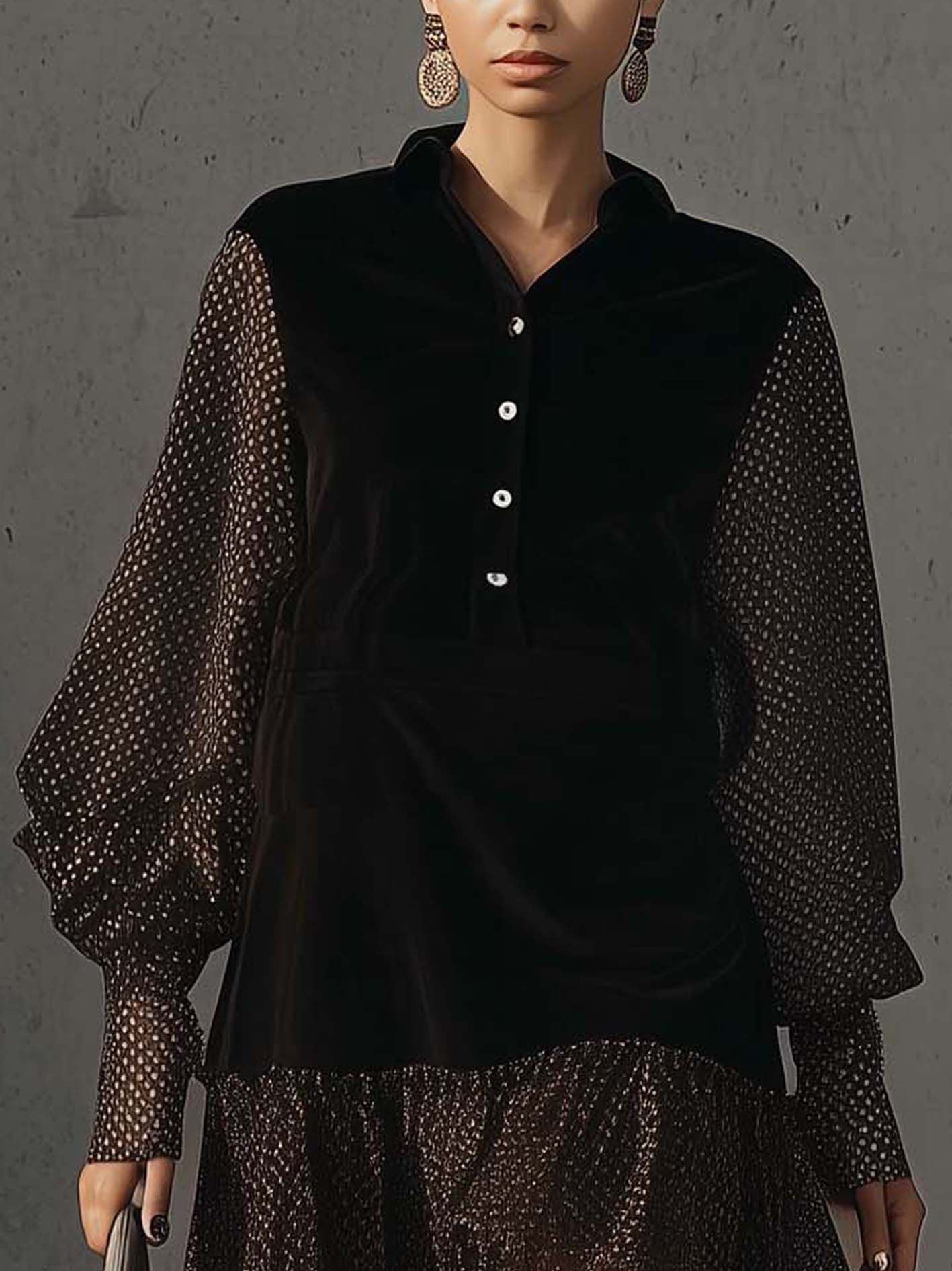 Black Velvet Mini Dress With Shimmering Polka Dots